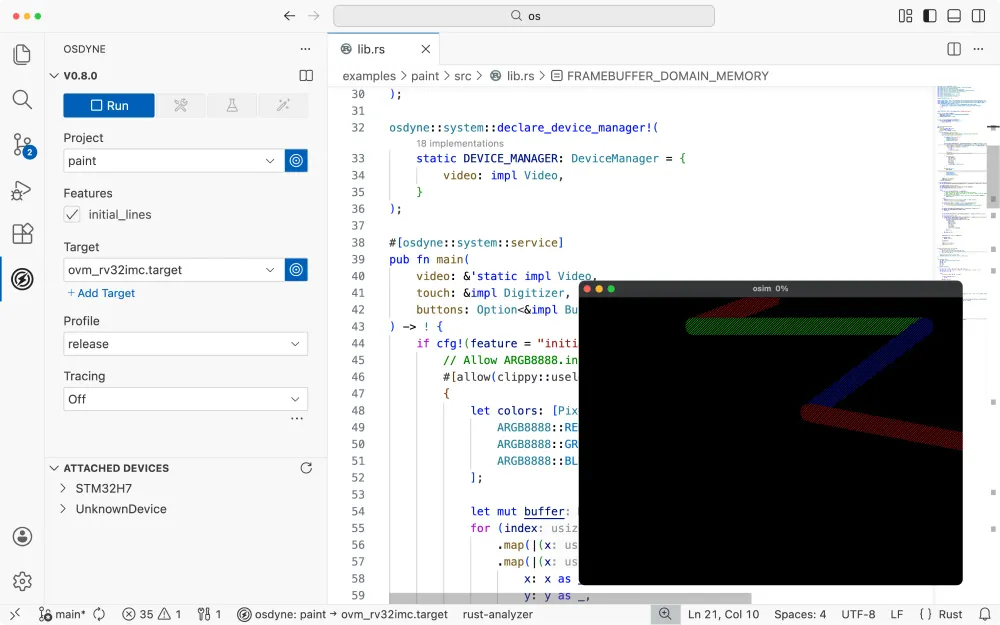 VS Code with osdyne extension and emulator